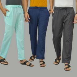 Combo of 3 Cyan Navy Blue and Dark Gray Cotton Men Pants-45837