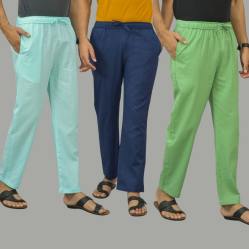Combo of 3 Cyan Navy Blue and Parrot Green Cotton Men Pants-45839
