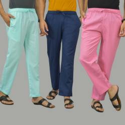 Combo of 3 Cyan Navy Blue and Pink Cotton Men Pants-45841
