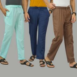 Combo of 3 Cyan Navy Blue and Rust Brown Cotton Men Pants-45835