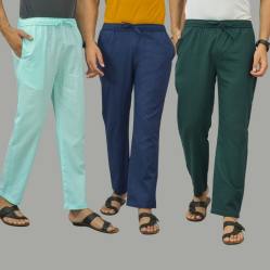 Combo of 3 Cyan Navy Blue and Teal Blue Cotton Men Pants-45834