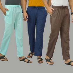 Combo of 3 Cyan Navy Blue and Wood Brown Cotton Men Pants-45833