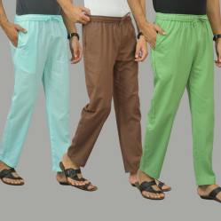 Combo of 3 Cyan Rust Brown and Parrot Green Cotton Men Pants-45860