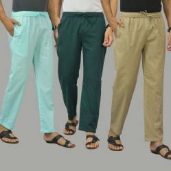 Combo of 3 Cyan Teal Blue and Beige Cotton Men Pants-45853