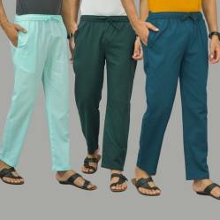 Combo of 3 Cyan Teal Blue and Blue Cotton Men Pants-45855