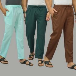 Combo of 3 Cyan Teal Blue and Coffee Brown Cotton Men Pants-45851