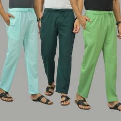 Combo of 3 Cyan Teal Blue and Parrot Green Cotton Men Pants-45854