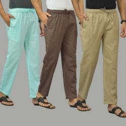 Combo of 3 Cyan Wood Brown and Beige Cotton Men Pants-45846