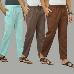 Combo of 3 Cyan Wood Brown and Coffee Brown Cotton Men Pants-45844