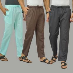 Combo of 3 Cyan Wood Brown and Dark Gray Cotton Men Pants-45845