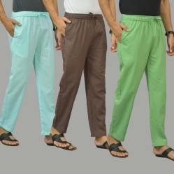 Combo of 3 Cyan Wood Brown and Parrot Green Cotton Men Pants-45847