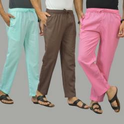 Combo of 3 Cyan Wood Brown and Pink Cotton Men Pants-45849