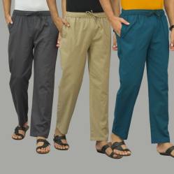 Combo of 3 Dark Gray Beige and Blue Cotton Men Pants-46035
