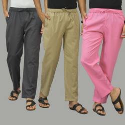 Combo of 3 Dark Gray Beige and Pink Cotton Men Pants-46036