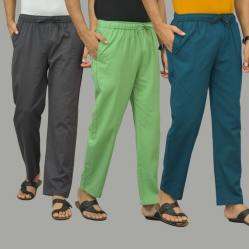 Combo of 3 Dark Gray Parrot Green and Blue Cotton Men Pants-46037