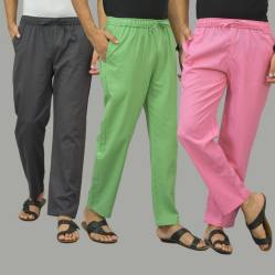 Combo of 3 Dark Gray Parrot Green and Pink Cotton Men Pants-46038