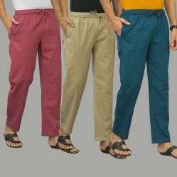 Combo of 3 Dark Red Beige and Blue Cotton Men Pants-45920