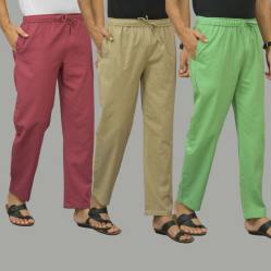 Combo of 3 Dark Red Beige and Parrot Green Cotton Men Pants-45919