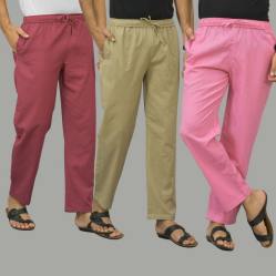 Combo of 3 Dark Red Beige and Pink Cotton Men Pants-45921