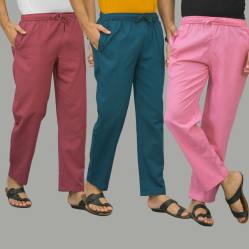 Combo of 3 Dark Red Blue and Pink Cotton Men Pants-45924