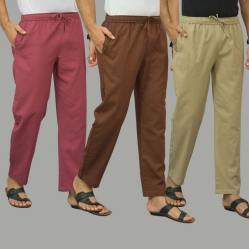 Combo of 3 Dark Red Coffee Brown and Beige Cotton Men Pants-45911