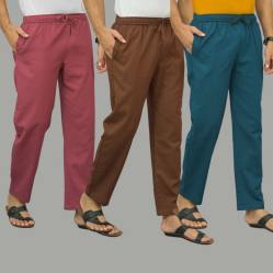 Combo of 3 Dark Red Coffee Brown and Blue Cotton Men Pants-45913