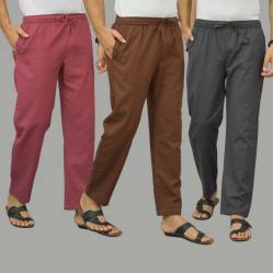 Combo of 3 Dark Red Coffee Brown and Dark Gray Cotton Men Pants-45910