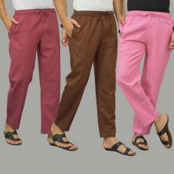 Combo of 3 Dark Red Coffee Brown and Pink Cotton Men Pants-45914