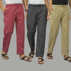 Combo of 3 Dark Red Dark Gray and Beige Cotton Men Pants-45915