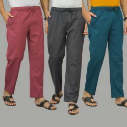 Combo of 3 Dark Red Dark Gray and Blue Cotton Men Pants-45917