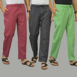 Combo of 3 Dark Red Dark Gray and Parrot Green Cotton Men Pants-45916