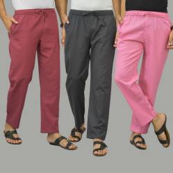 Combo of 3 Dark Red Dark Gray and Pink Cotton Men Pants-45918