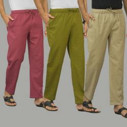 Combo of 3 Dark Red Mos Green and Beige Cotton Men Pants-45880