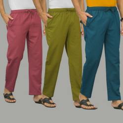 Combo of 3 Dark Red Mos Green and Blue Cotton Men Pants-45882
