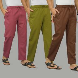 Combo of 3 Dark Red Mos Green and Coffee Brown Cotton Men Pants-45878