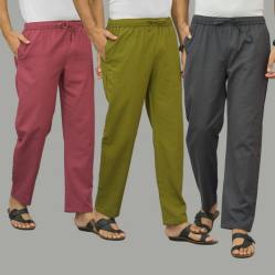 Combo of 3 Dark Red Mos Green and Dark Gray Cotton Men Pants-45879