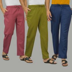 Combo of 3 Dark Red Mos Green and Navy Blue Cotton Men Pants-45874