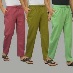 Combo of 3 Dark Red Mos Green and Parrot Green Cotton Men Pants-45881