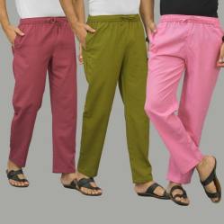 Combo of 3 Dark Red Mos Green and Pink Cotton Men Pants-45883