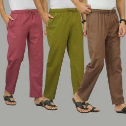 Combo of 3 Dark Red Mos Green and Rust Brown Cotton Men Pants-45877