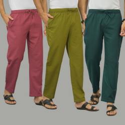 Combo of 3 Dark Red Mos Green and Teal Blue Cotton Men Pants-45876