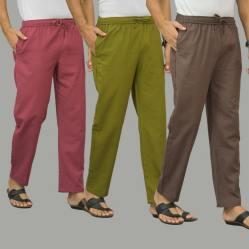 Combo of 3 Dark Red Mos Green and Wood Brown Cotton Men Pants-45875