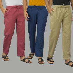 Combo of 3 Dark Red Navy Blue and Beige Cotton Men Pants-45889