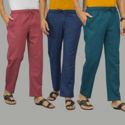 Combo of 3 Dark Red Navy Blue and Blue Cotton Men Pants-45891
