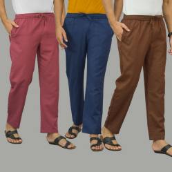 Combo of 3 Dark Red Navy Blue and Coffee Brown Cotton Men Pants-45887