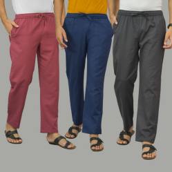 Combo of 3 Dark Red Navy Blue and Dark Gray Cotton Men Pants-45888