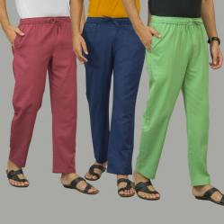 Combo of 3 Dark Red Navy Blue and Parrot Green Cotton Men Pants-45890