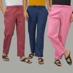 Combo of 3 Dark Red Navy Blue and Pink Cotton Men Pants-45892