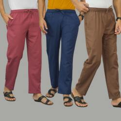 Combo of 3 Dark Red Navy Blue and Rust Brown Cotton Men Pants-45886