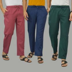 Combo of 3 Dark Red Navy Blue and Teal Blue Cotton Men Pants-45885